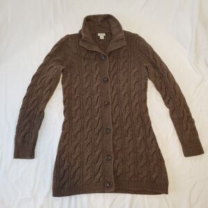 LL Bean Long Chunky Wool Cable Knit Cardigan Sweater BROWN - Small S